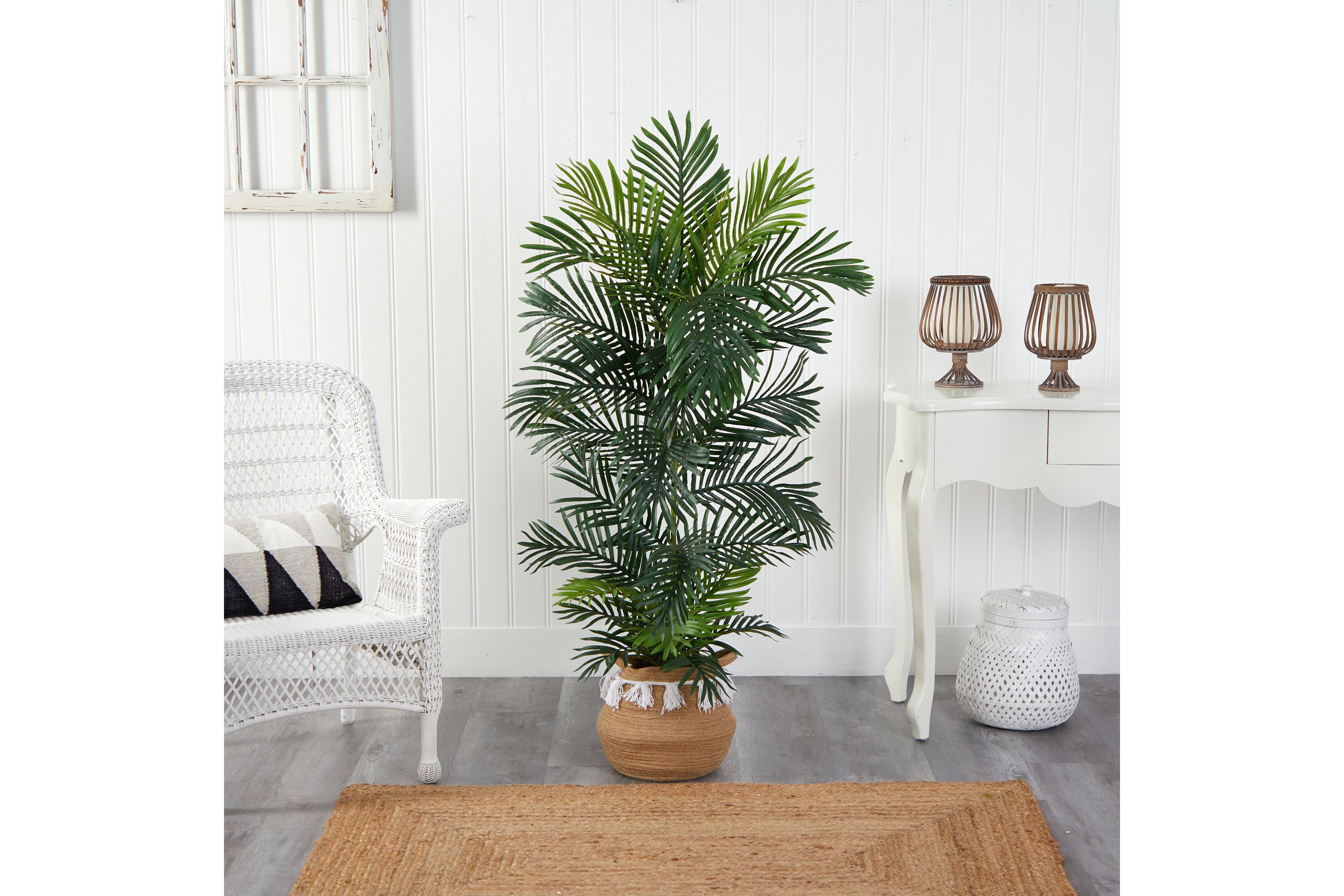 5-Foot Areca Artificial Palm Tree in Boho Chic Handmade Natural Cotton Woven Planter with Tassels UV Resistant (Indoor/Outdoor)