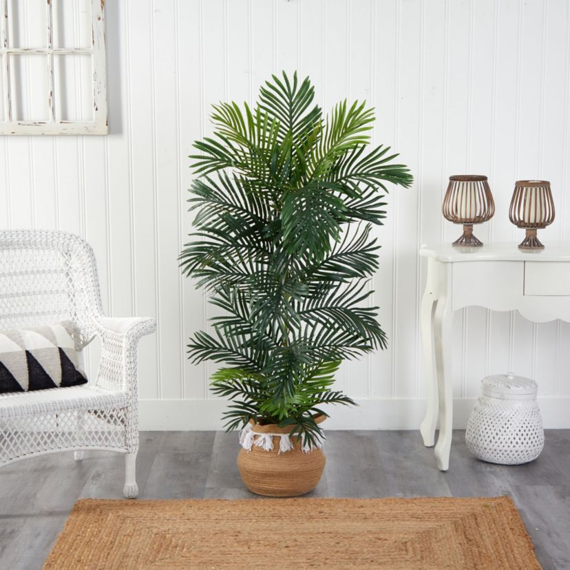 5-Foot Areca Artificial Palm Tree in Boho Chic Handmade Natural Cotton Woven Planter with Tassels UV Resistant (Indoor/Outdoor)