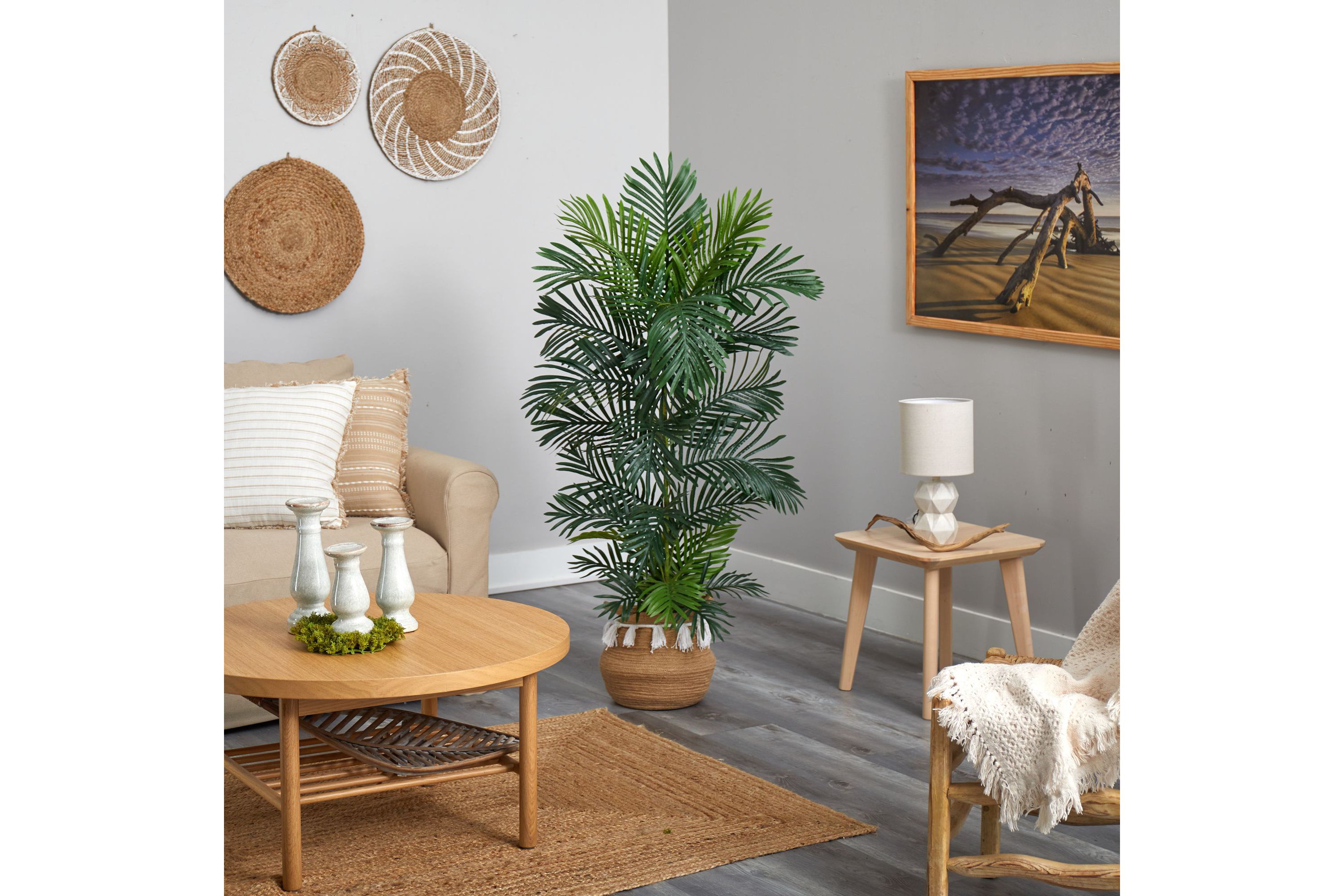 5-Foot Areca Artificial Palm Tree in Boho Chic Handmade Natural Cotton Woven Planter with Tassels UV Resistant (Indoor/Outdoor)