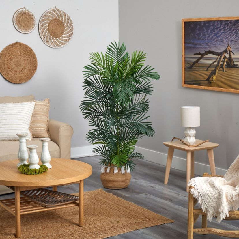 5-Foot Areca Artificial Palm Tree in Boho Chic Handmade Natural Cotton Woven Planter with Tassels UV Resistant (Indoor/Outdoor)