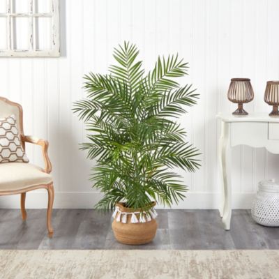 4-Foot Areca Artificial Palm in Boho Chic Handmade Natural Cotton Woven Planter with Tassels