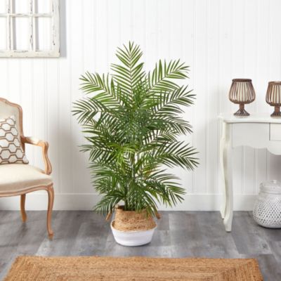 4-Foot Areca Artificial Palm in Boho Chic Handmade Cotton and Jute White Woven Planter