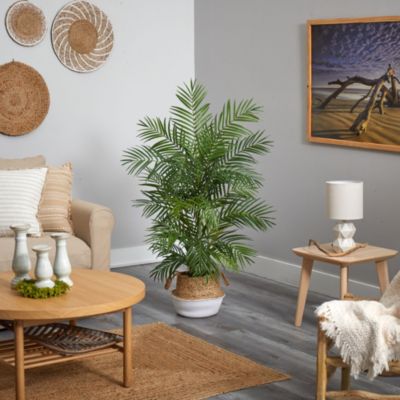 4-Foot Areca Artificial Palm in Boho Chic Handmade Cotton and Jute White Woven Planter