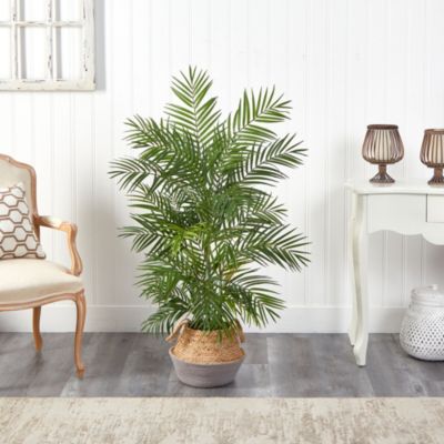 4-Foot Areca Artificial Palm Branches in Boho Chic Handmade Cotton and Jute Gray Woven Planter