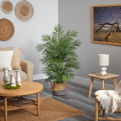4-Foot Areca Artificial Palm Branches in Boho Chic Handmade Cotton and Jute Gray Woven Planter