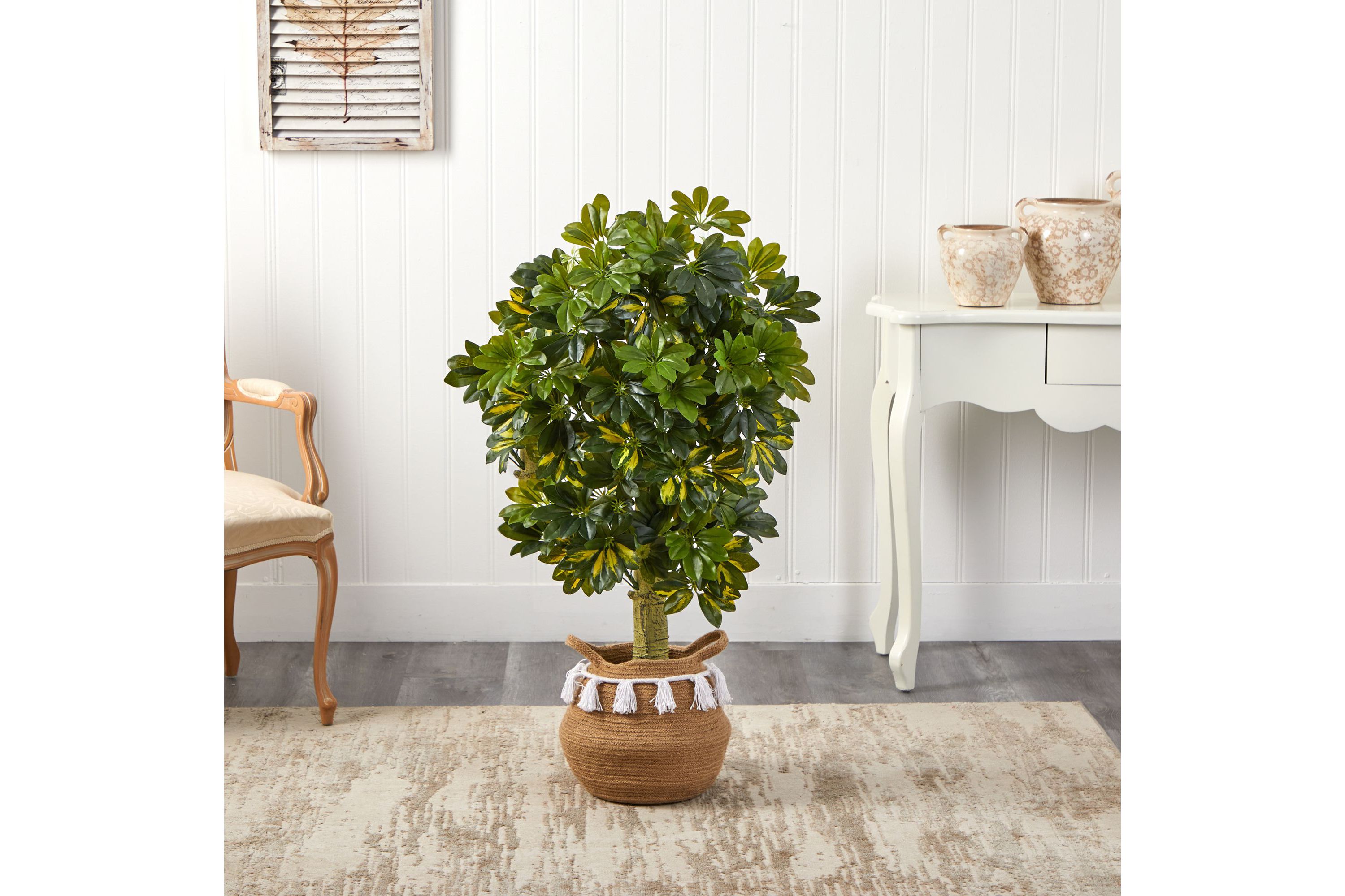 4-Foot Schefflera Artificial Tree in Boho Chic Handmade Natural Cotton Woven Planter with Tassels (Real Touch)