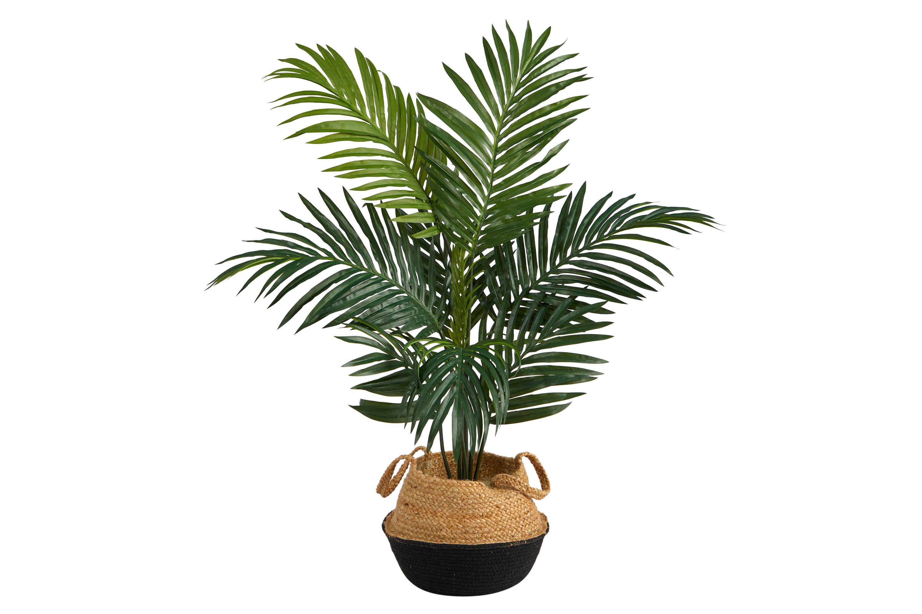 4-Foot Kentia Palm Artificial Tree in Boho Chic Handmade Cotton and Jute Black Woven Planter