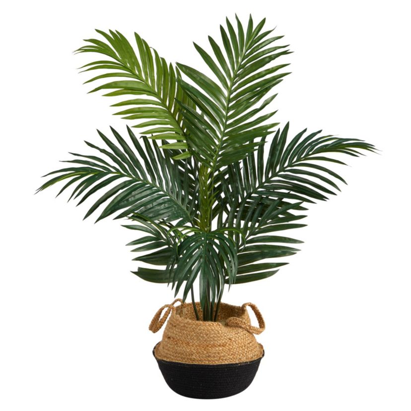 4-Foot Kentia Palm Artificial Tree in Boho Chic Handmade Cotton and Jute Black Woven Planter