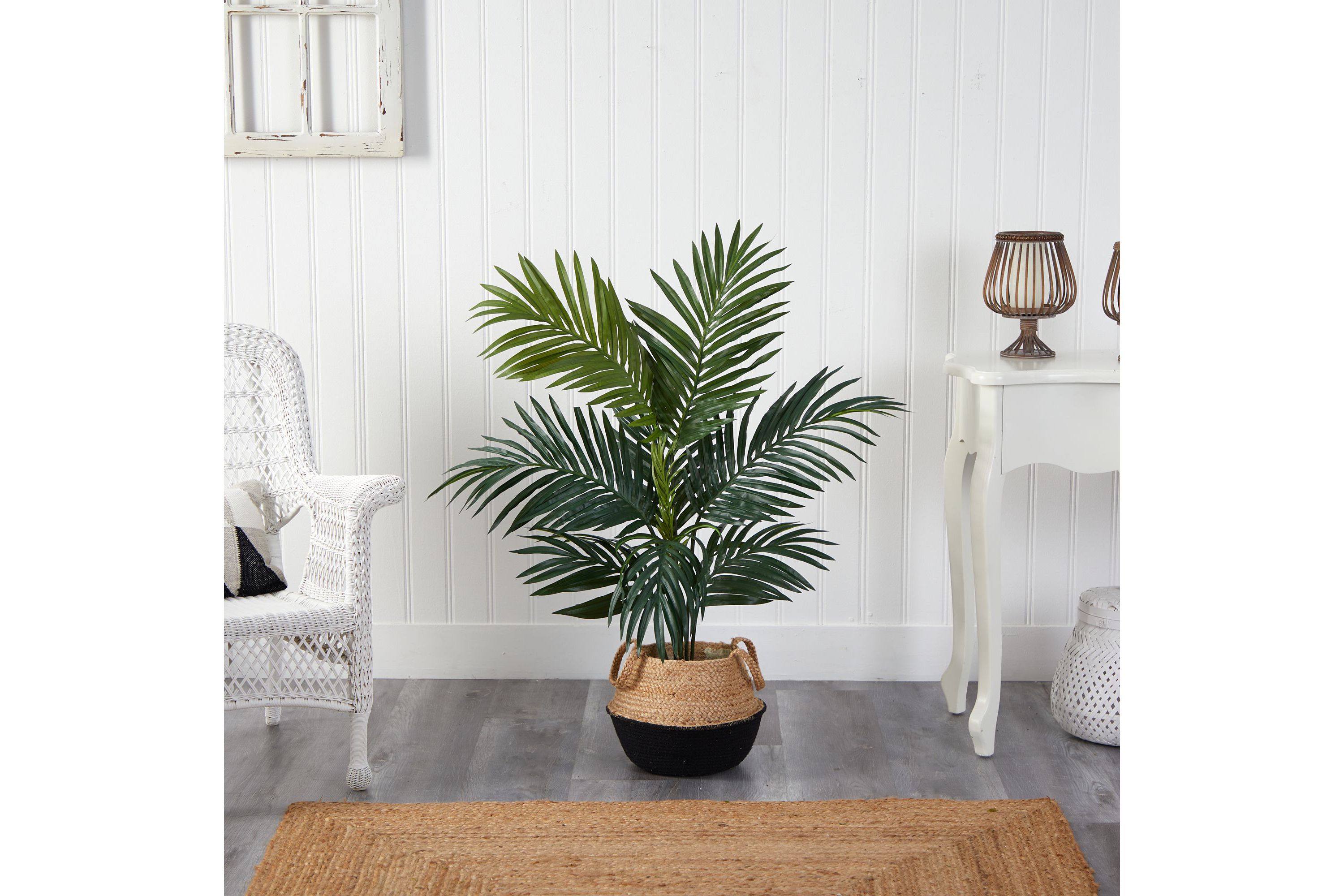 4-Foot Kentia Palm Artificial Tree in Boho Chic Handmade Cotton and Jute Black Woven Planter