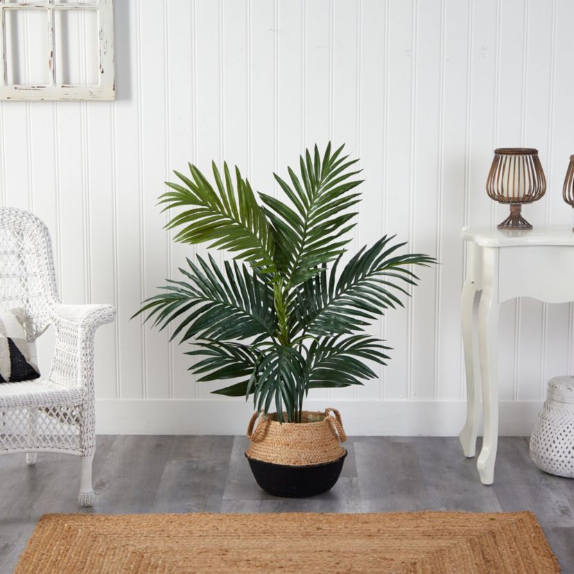 4-Foot Kentia Palm Artificial Tree in Boho Chic Handmade Cotton and Jute Black Woven Planter