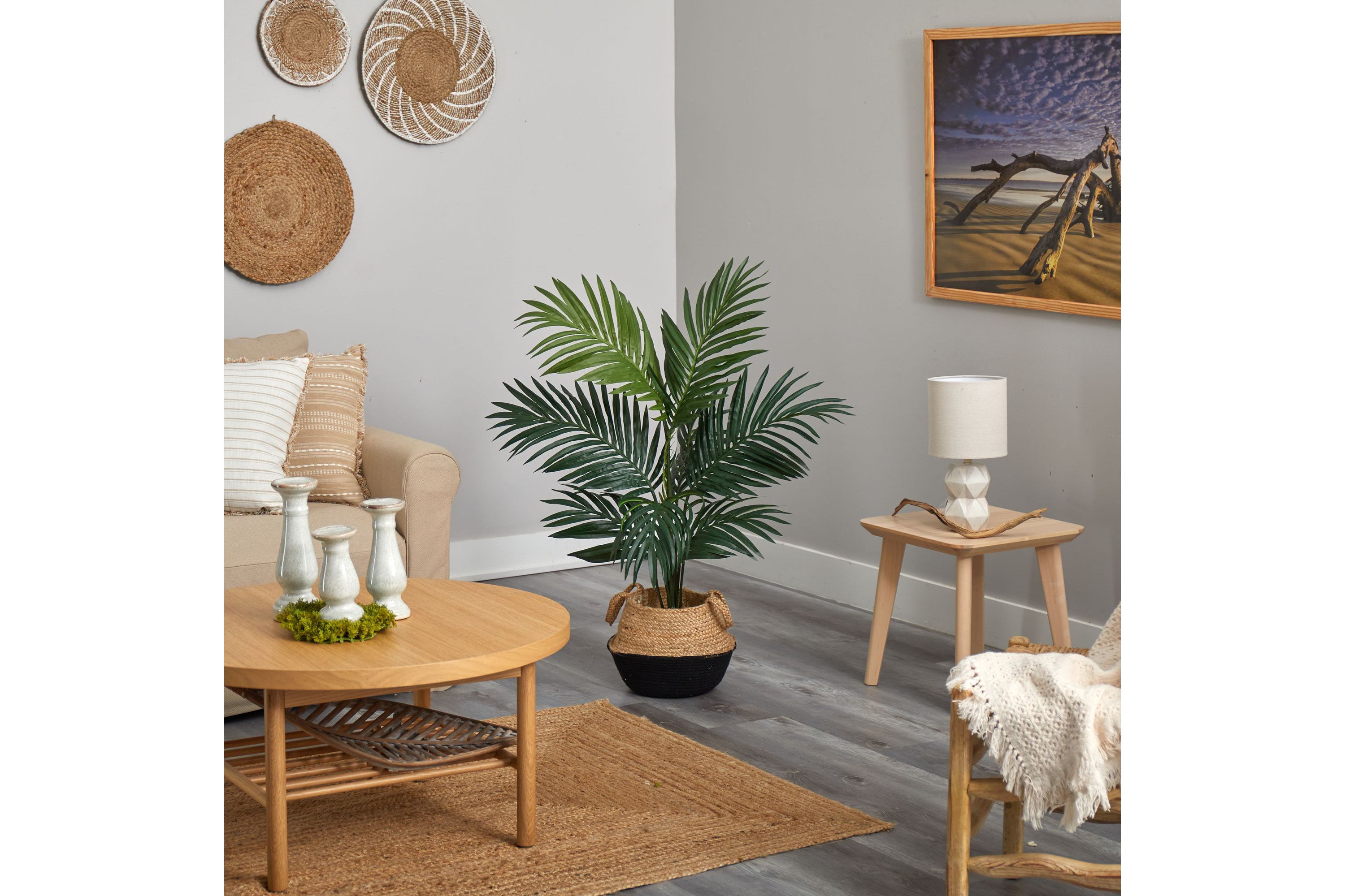4-Foot Kentia Palm Artificial Tree in Boho Chic Handmade Cotton and Jute Black Woven Planter