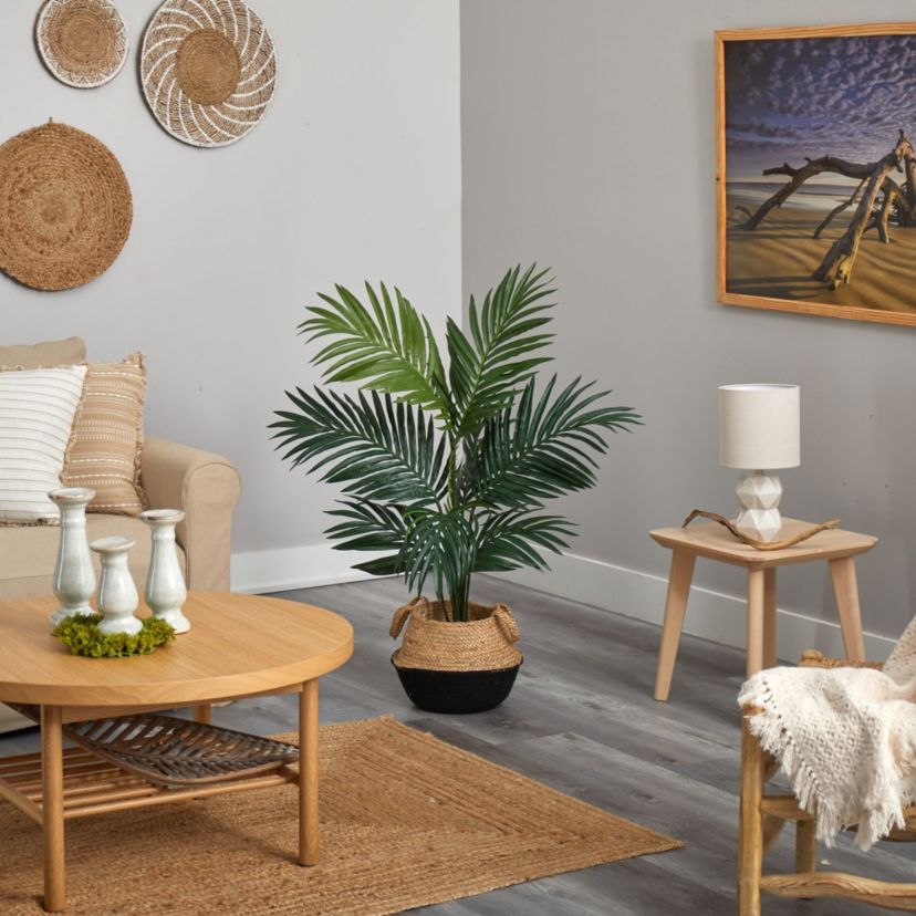 4-Foot Kentia Palm Artificial Tree in Boho Chic Handmade Cotton and Jute Black Woven Planter