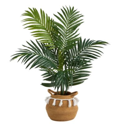 4-Foot Kentia Palm Artificial Tree in Boho Chic Handmade Natural Cotton Woven Planter with Tassels