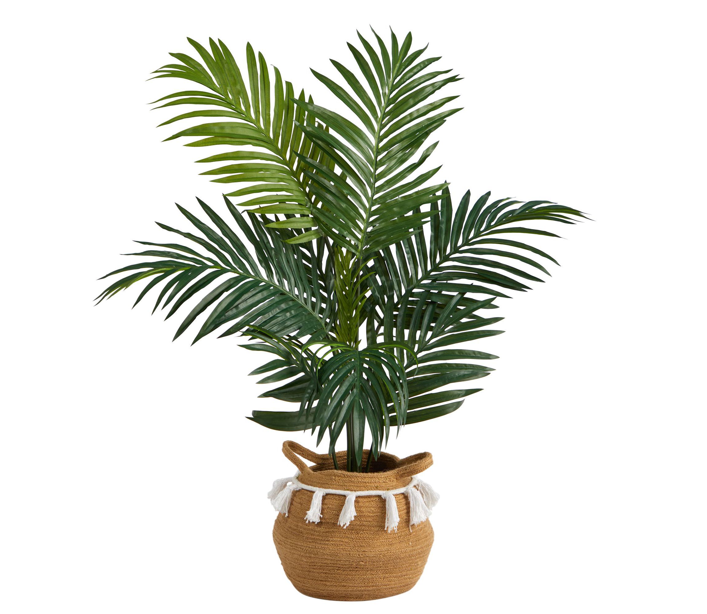 4-Foot Kentia Palm Artificial Tree in Boho Chic Handmade Natural Cotton Woven Planter with Tassels