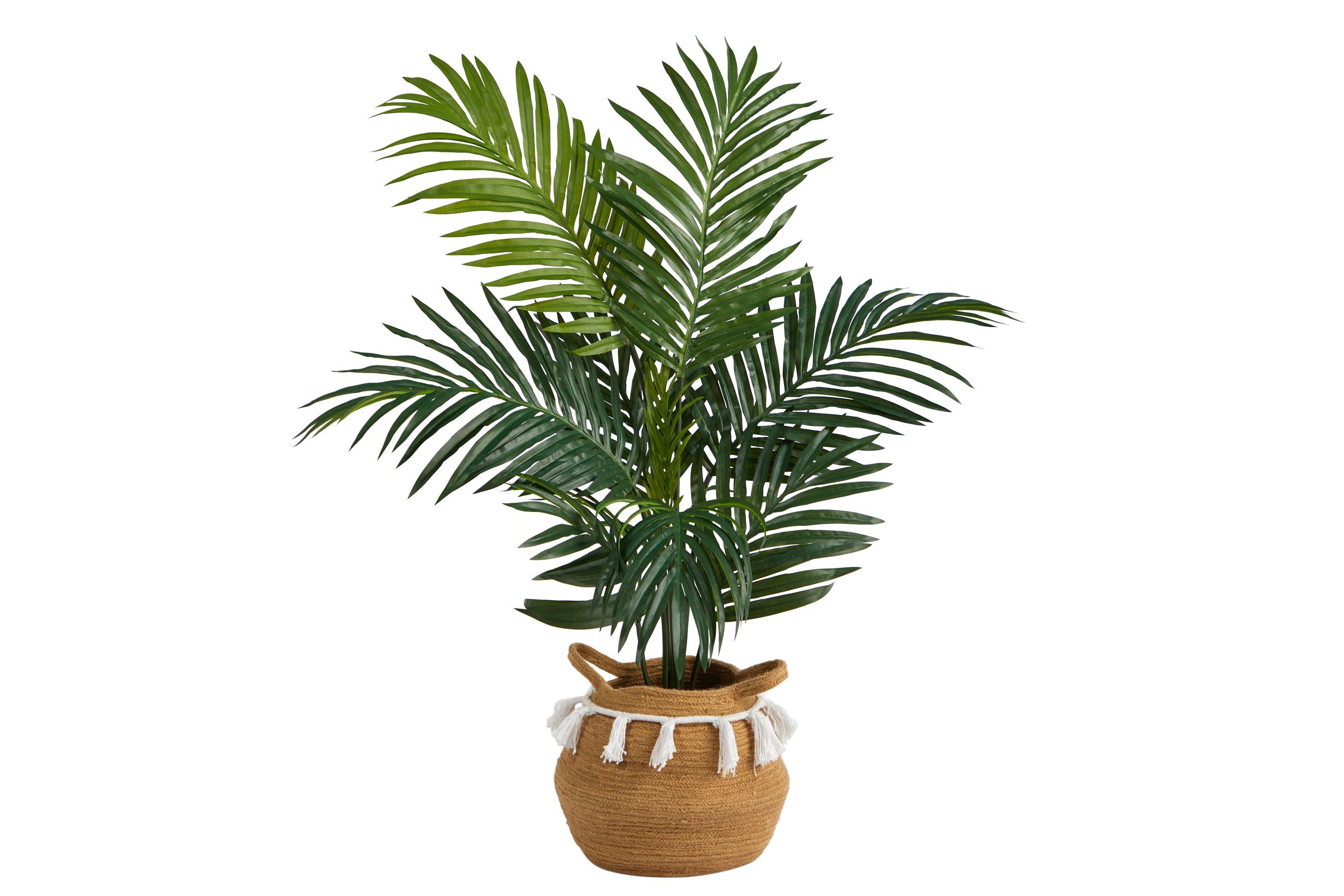 4-Foot Kentia Palm Artificial Tree in Boho Chic Handmade Natural Cotton Woven Planter with Tassels