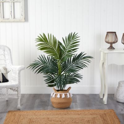 4-Foot Kentia Palm Artificial Tree in Boho Chic Handmade Natural Cotton Woven Planter with Tassels