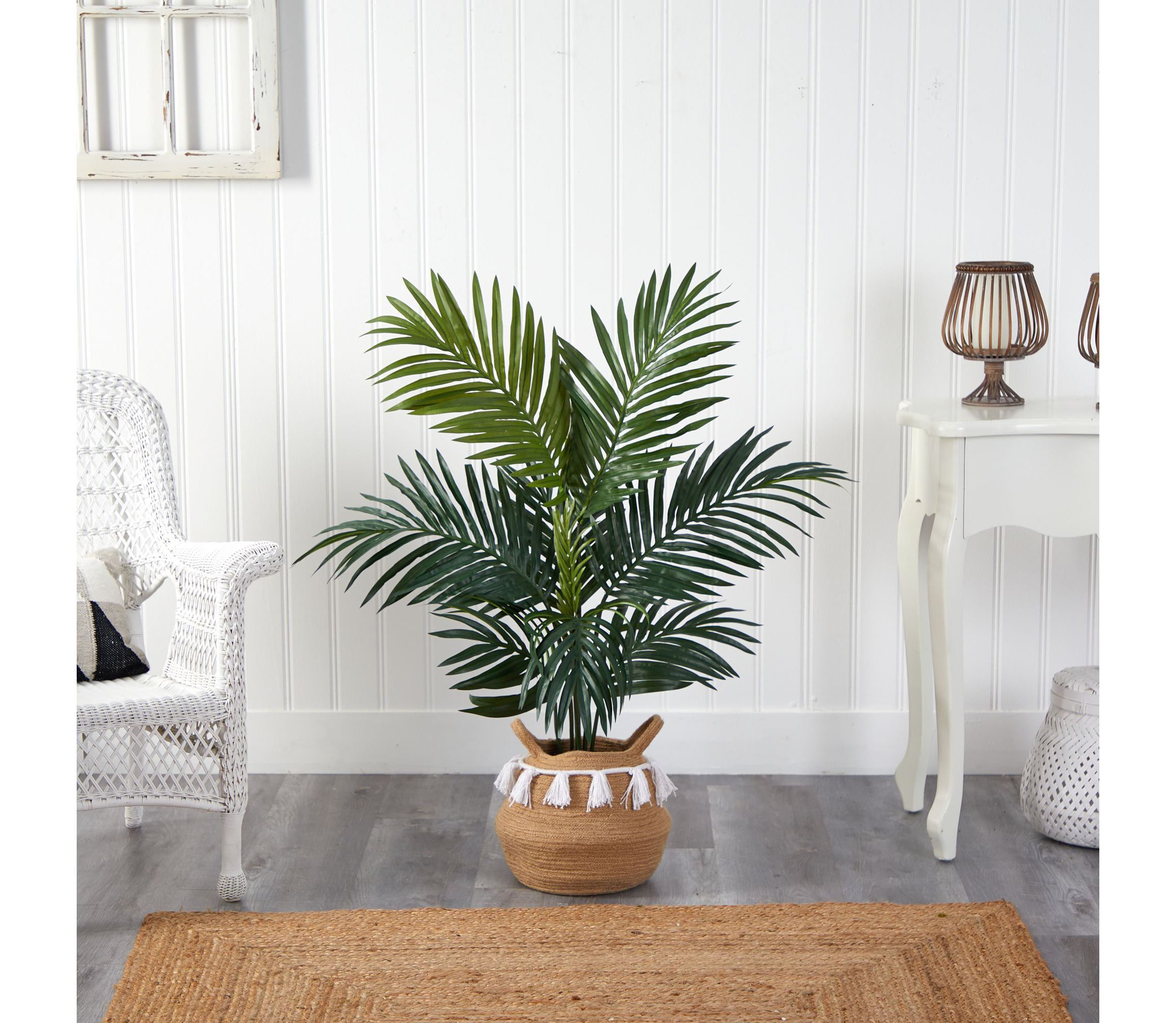4-Foot Kentia Palm Artificial Tree in Boho Chic Handmade Natural Cotton Woven Planter with Tassels