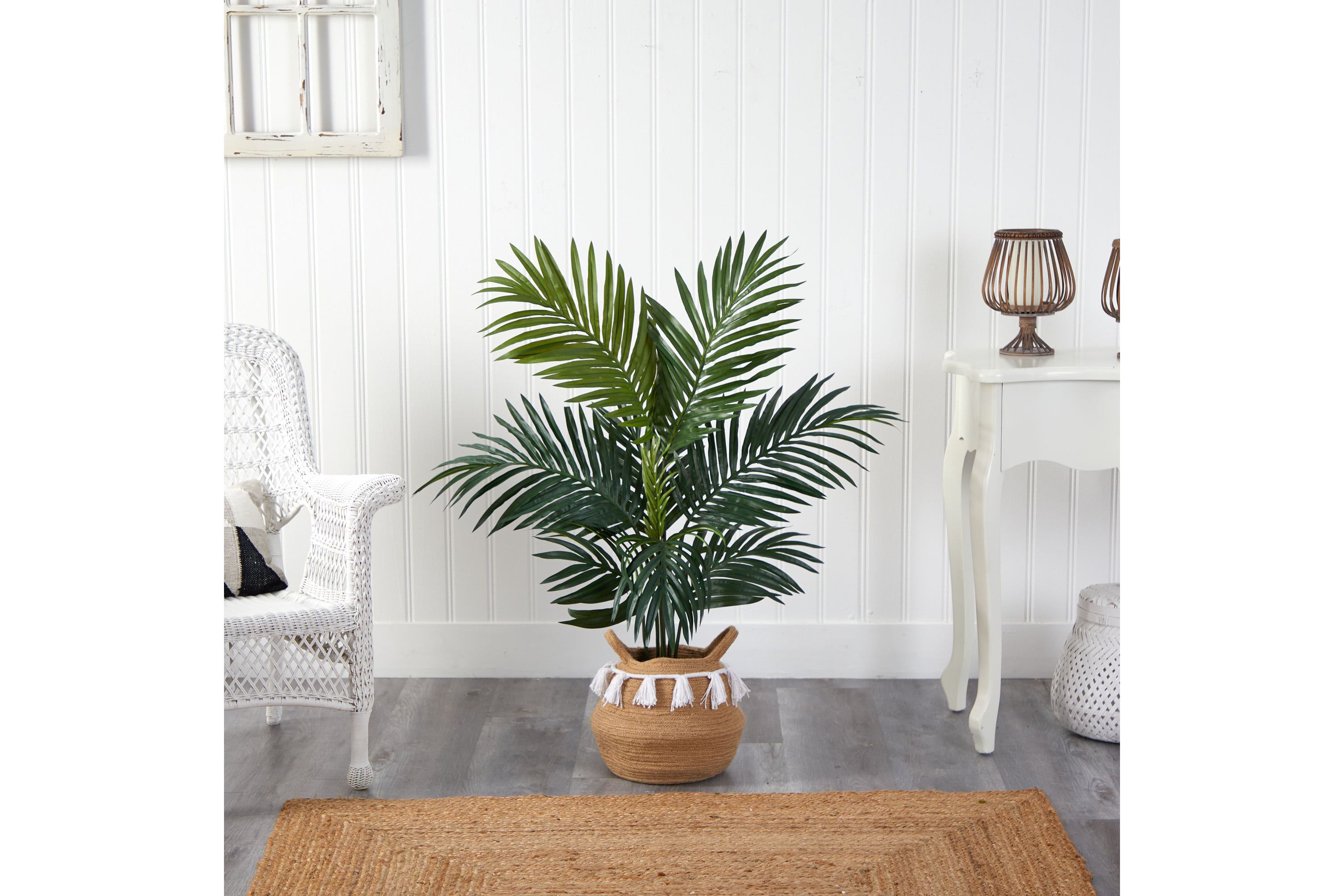 4-Foot Kentia Palm Artificial Tree in Boho Chic Handmade Natural Cotton Woven Planter with Tassels