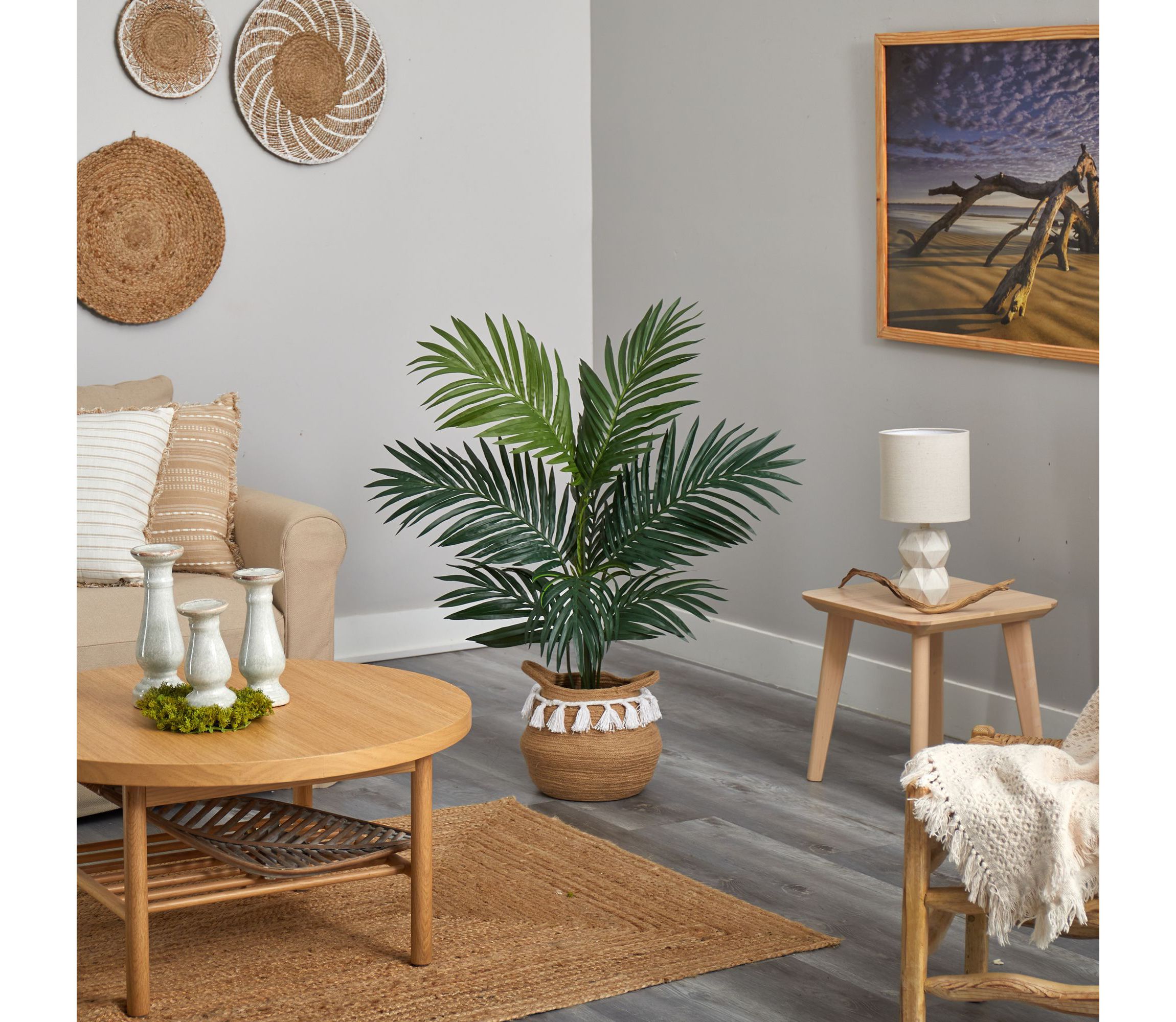 4-Foot Kentia Palm Artificial Tree in Boho Chic Handmade Natural Cotton Woven Planter with Tassels