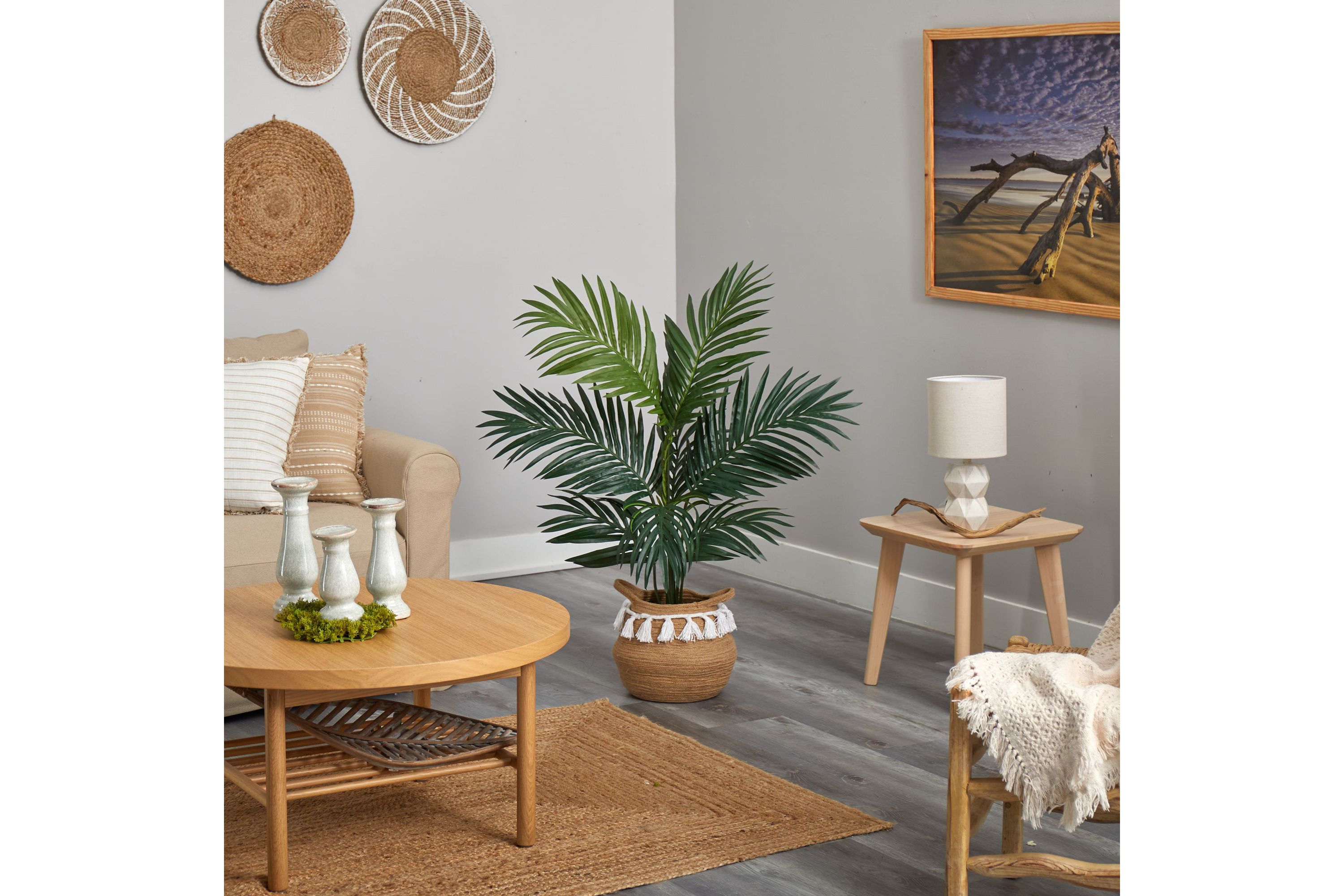 4-Foot Kentia Palm Artificial Tree in Boho Chic Handmade Natural Cotton Woven Planter with Tassels