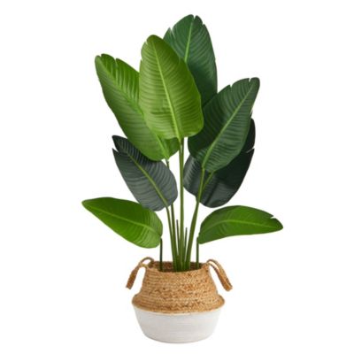 Nearly Natural 4-Foot Travelers Palm Artificial Tree in Boho Chic Handmade Cotton and Jute White Woven Planter
