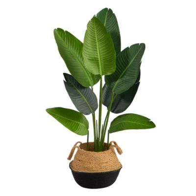 Nearly Natural 4-Foot Travelers Palm Artificial Tree in Boho Chic Handmade Cotton and Jute Black Woven Planter