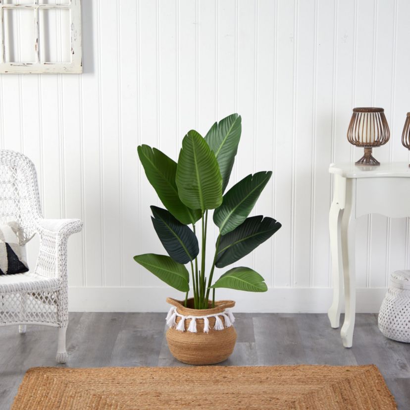 4-Foot Travelers Palm Artificial Tree in Boho Chic Handmade Natural Cotton Woven Planter with Tassels