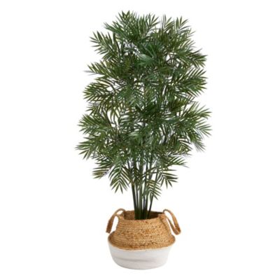 Nearly Natural 4-Foot Parlor Palm Artificial Tree in Boho Chic Handmade Cotton and Jute White Woven Planter