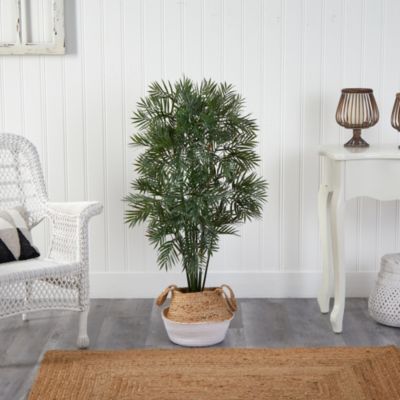 4-Foot Parlor Palm Artificial Tree in Boho Chic Handmade Cotton and Jute Woven Planter