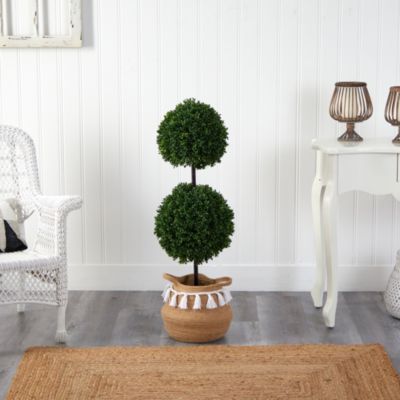 3.5-Foot Boxwood Double Ball Artificial Topiary Tree in Boho Chic Handmade Natural Cotton Woven Planter with Tassels UV Resistant (Indoor/Outdoor)