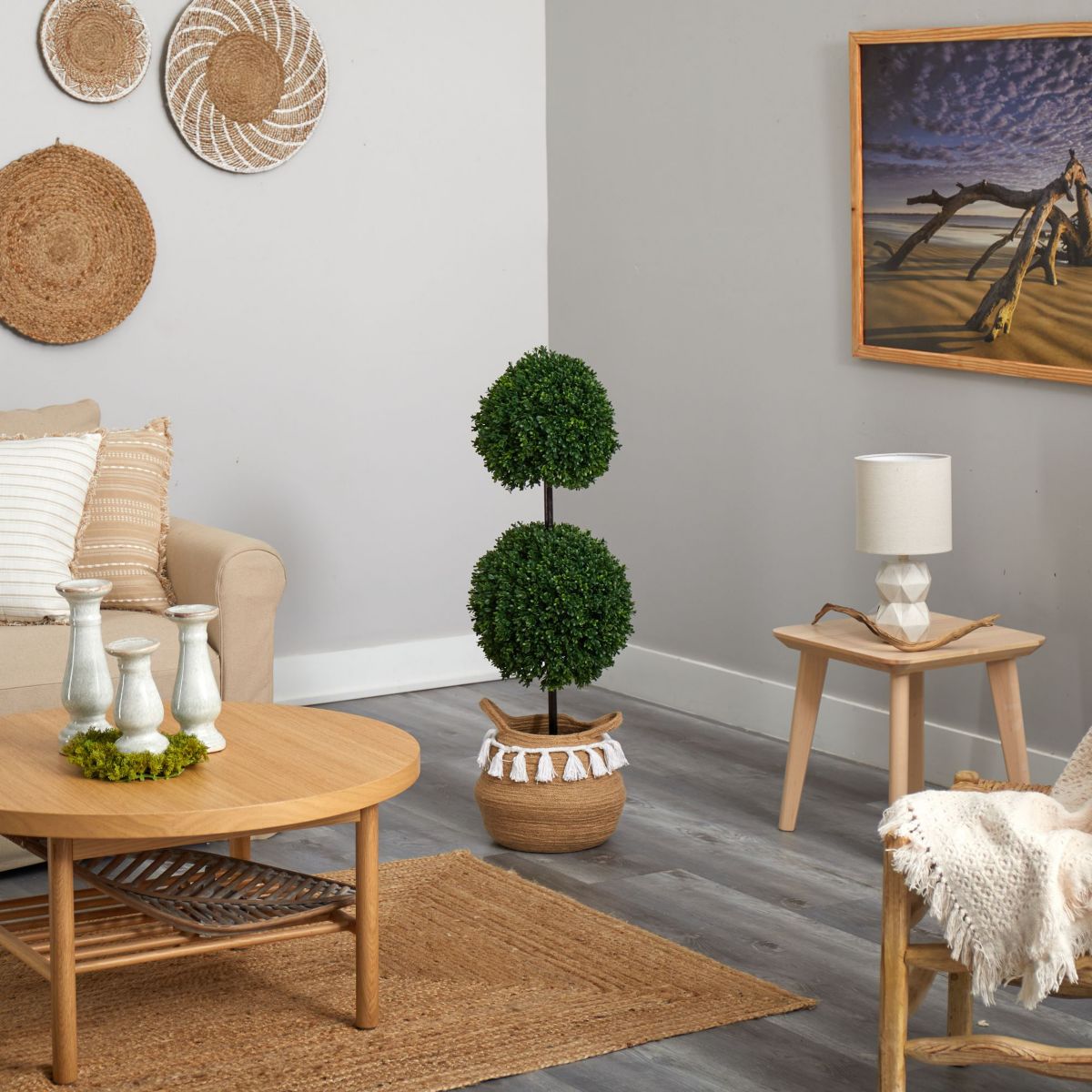 3.5-Foot Boxwood Double Ball Artificial Topiary Tree in Boho Chic Handmade Natural Cotton Woven Planter with Tassels UV Resistant (Indoor/Outdoor)