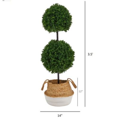 3.5-Foot Boxwood Double Ball Artificial Topiary Tree in Boho Chic Handmade Cotton and Jute Woven Planter UV Resistant (Indoor/Outdoor