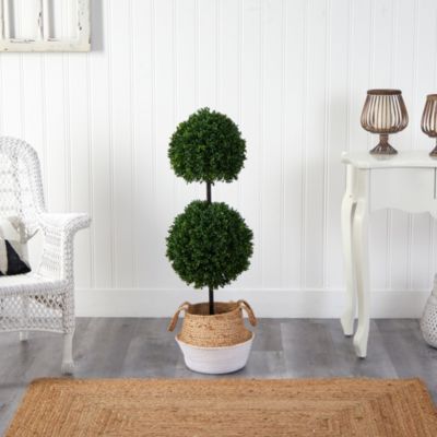 3.5-Foot Boxwood Double Ball Artificial Topiary Tree in Boho Chic Handmade Cotton and Jute Woven Planter UV Resistant (Indoor/Outdoor