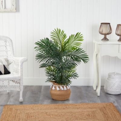 40-Inch Areca Artificial Palm Tree in Boho Chic Handmade Natural Cotton Woven Planter with Tassels UV Resistant (Indoor/Outdoor)