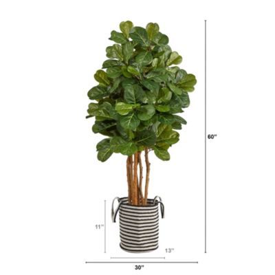 5-Foot Fiddle Leaf Fig Artificial Tree in Handmade Black and White Natural Jute and Cotton Planter