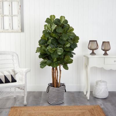 5-Foot Fiddle Leaf Fig Artificial Tree in Handmade Black and White Natural Jute and Cotton Planter