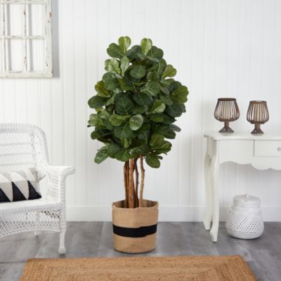 5-Foot Fiddle Leaf Fig Artificial Tree in Handmade Natural Cotton Planter