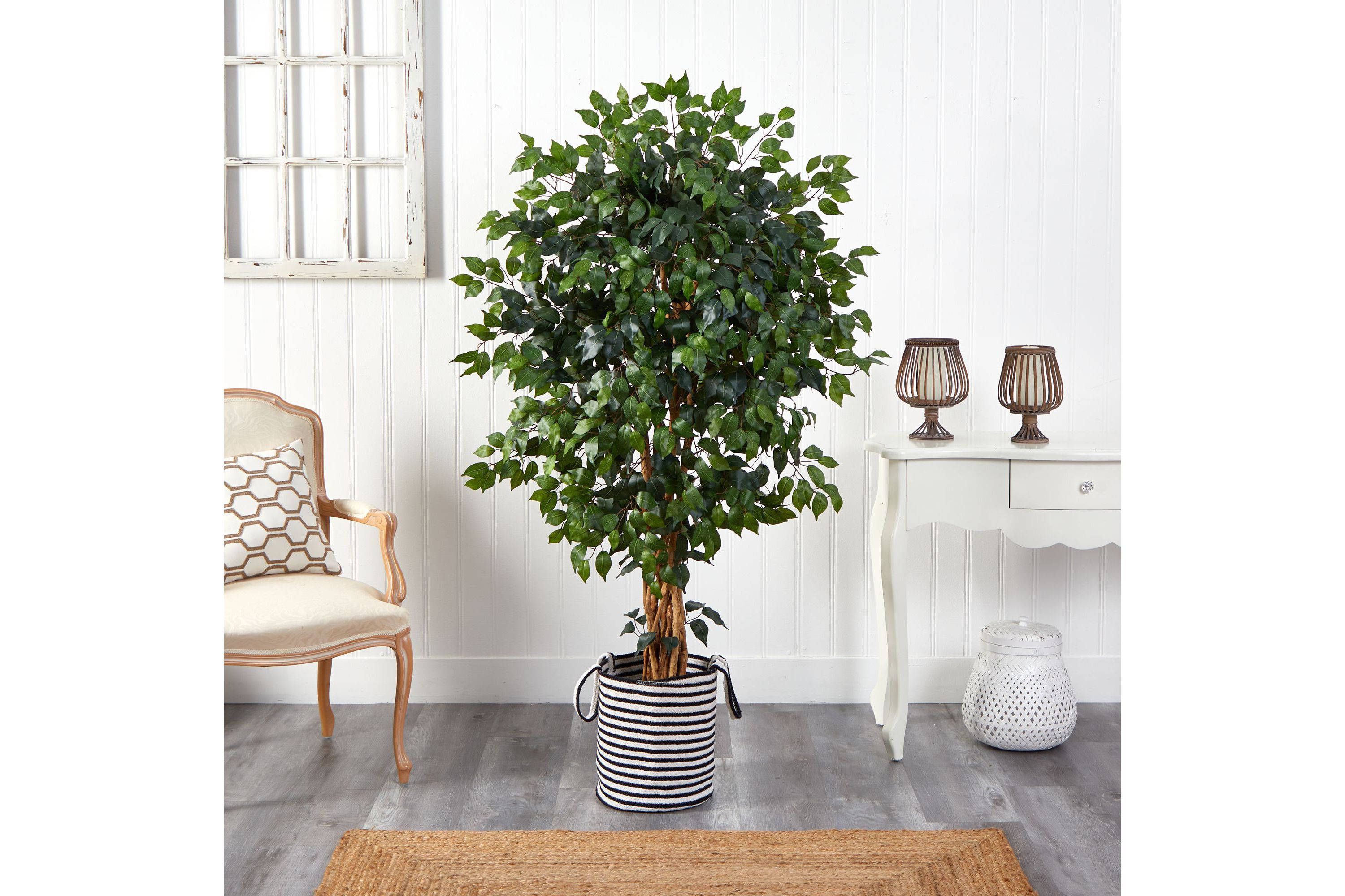 5.5-Foot Palace Ficus Artificial Tree in Handmade Black and White Natural Jute and Cotton Planter