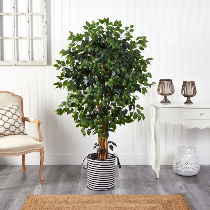 5.5-Foot Palace Ficus Artificial Tree in Handmade Black and White Natural Jute and Cotton Planter
