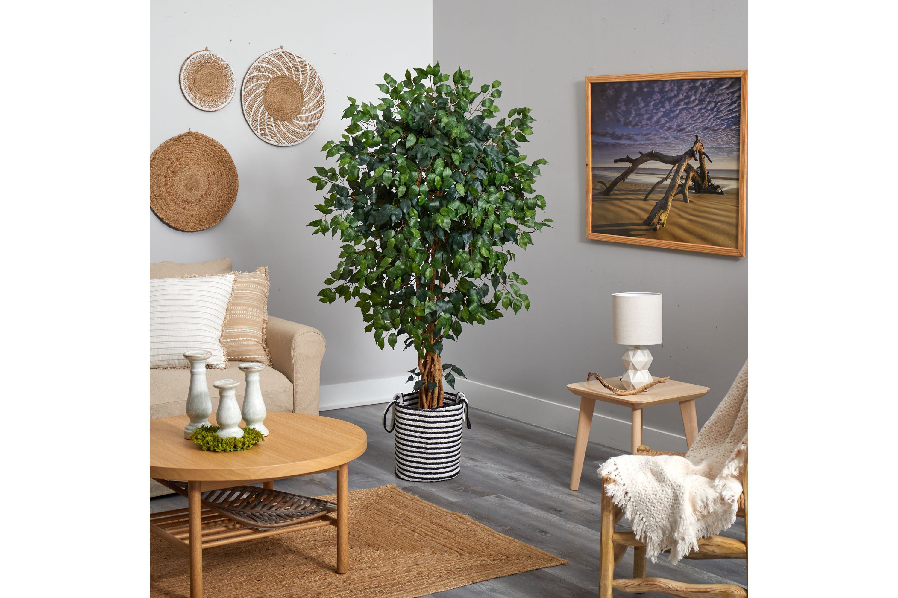 5.5-Foot Palace Ficus Artificial Tree in Handmade Black and White Natural Jute and Cotton Planter