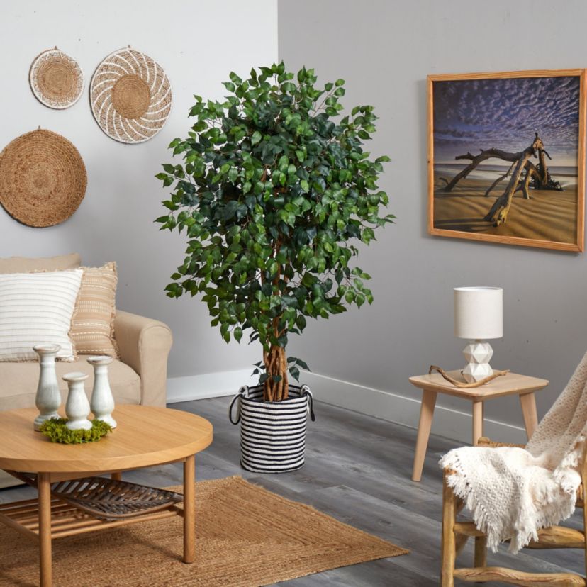 5.5-Foot Palace Ficus Artificial Tree in Handmade Black and White Natural Jute and Cotton Planter