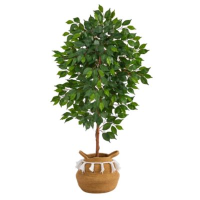 4-Foot Ficus Artificial Tree in Boho Chic Handmade Natural Cotton Woven Planter with Tassels