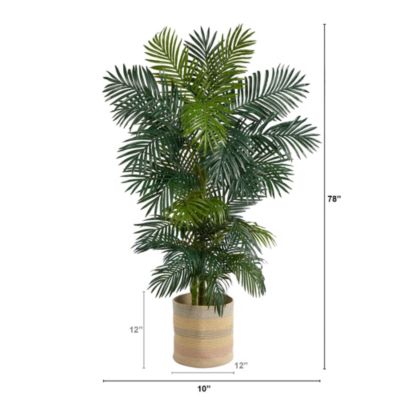 6.5-Foot Golden Cane Artificial Palm Tree in Handmade Natural Cotton Multicolored Woven Planter