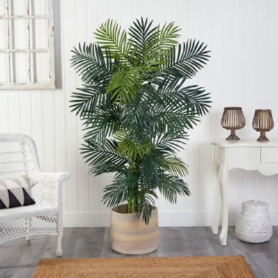 6.5-Foot Golden Cane Artificial Palm Tree in Handmade Natural Cotton Multicolored Woven Planter
