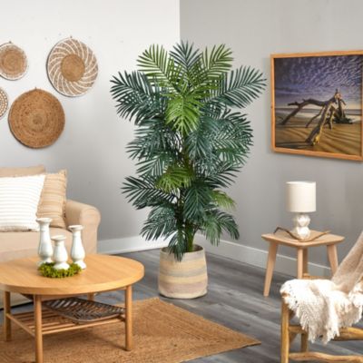 6.5-Foot Golden Cane Artificial Palm Tree in Handmade Natural Cotton Multicolored Woven Planter