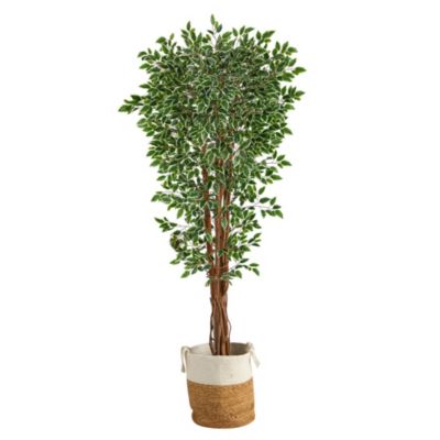 Nearly Natural 70-Inch Variegated Ficus Artificial Tree in Handmade Natural Jute and Cotton Planter UV Resistant (Indoor/Outdoor), Green