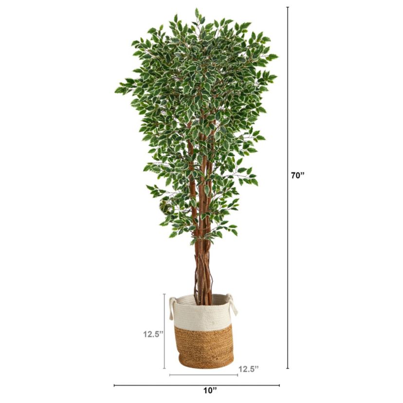 70-Inch Variegated Ficus Artificial Tree in Handmade Natural Jute and Cotton Planter UV Resistant (Indoor/Outdoor)