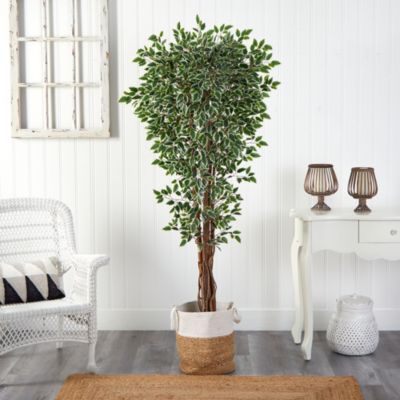 70-Inch Variegated Ficus Artificial Tree in Handmade Natural Jute and Cotton Planter UV Resistant (Indoor/Outdoor)