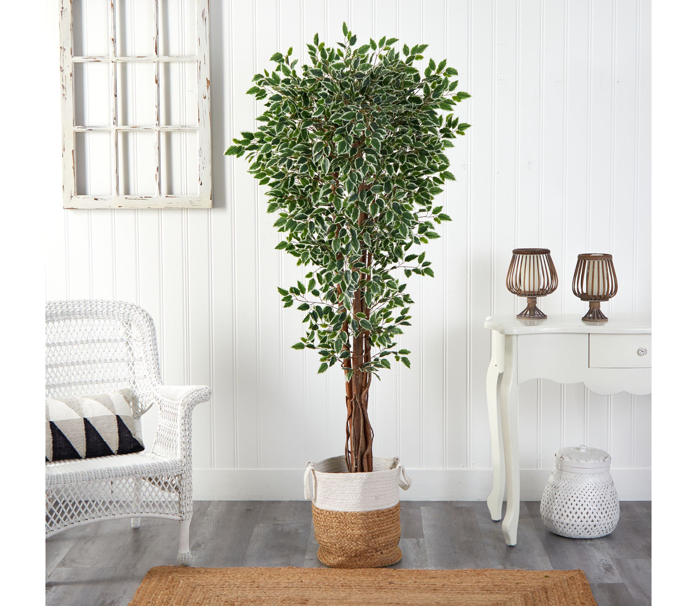 70-Inch Variegated Ficus Artificial Tree in Handmade Natural Jute and Cotton Planter UV Resistant (Indoor/Outdoor)