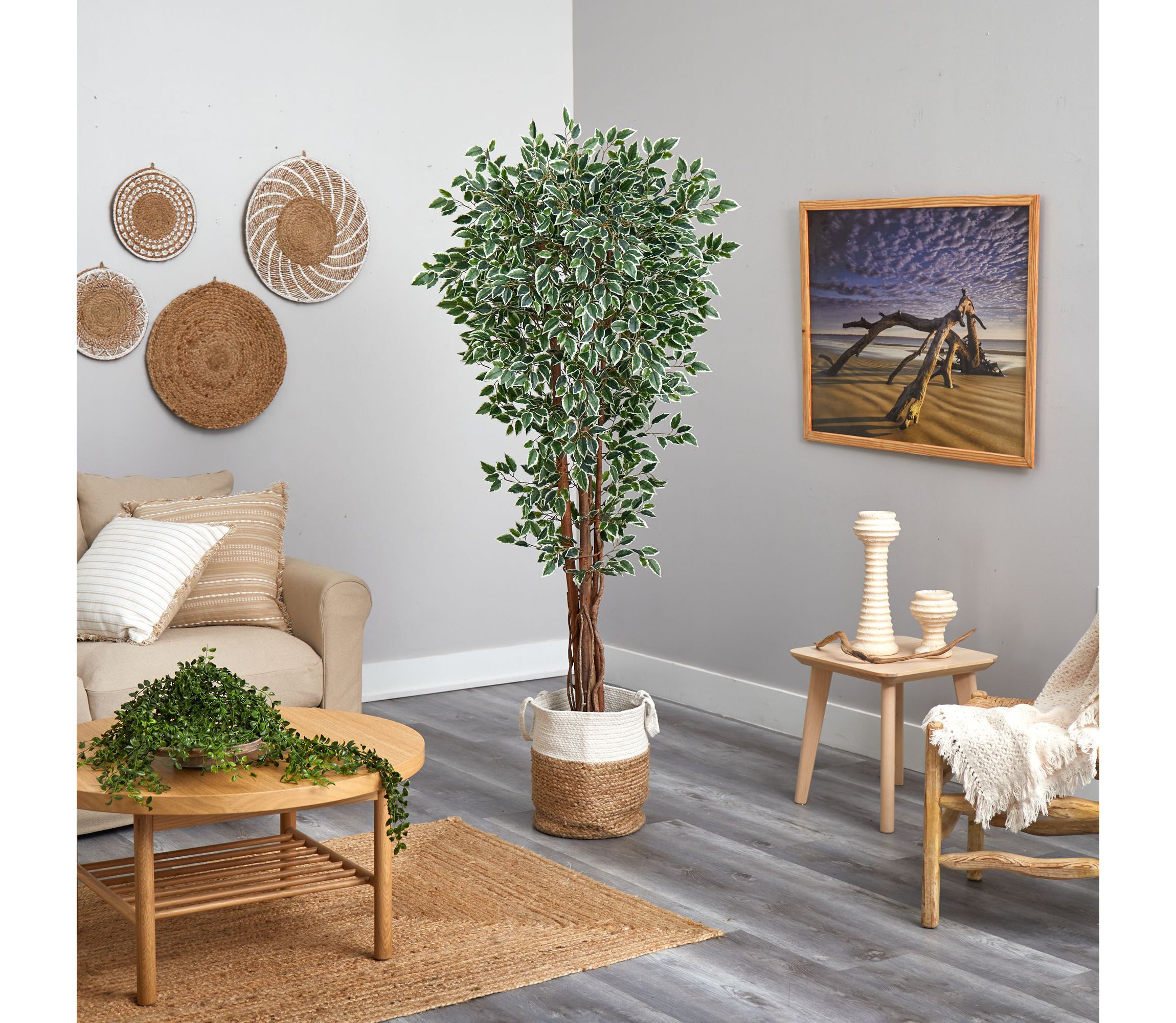 70-Inch Variegated Ficus Artificial Tree in Handmade Natural Jute and Cotton Planter UV Resistant (Indoor/Outdoor)